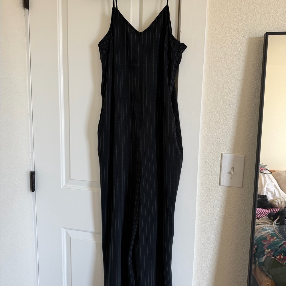 Leith Black Pinstripe V-Neck Spaghetti Strap Jumpsuit